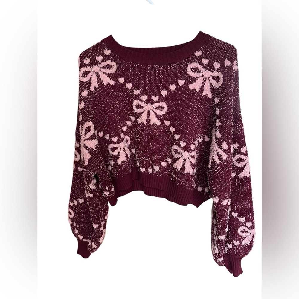 Altar'd State Maroon and Light Pink Bow Sweater